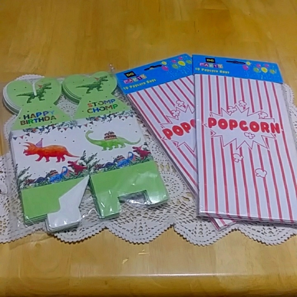 Party Supplies Bundle, Dino treat boxes and popcorn bags